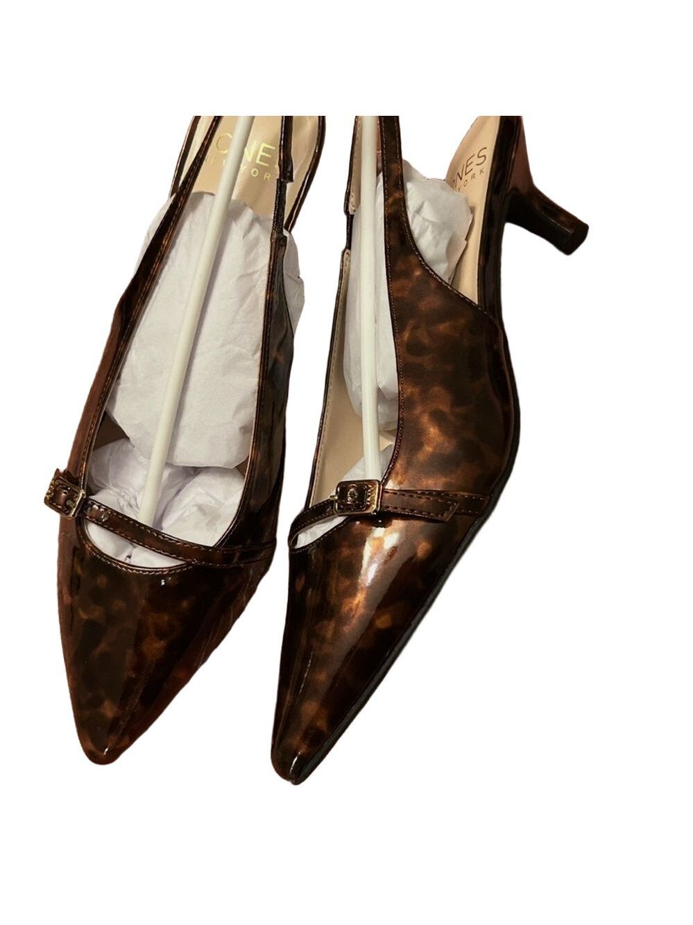 Tortoiseshell Patent Pointed-Toe Slingback Kitten Heels Mary Jane Gold Buckle 8